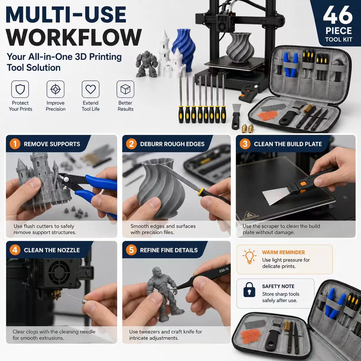 46-Piece 3D Printer Tool Kit with Storage Case, Nozzle Cleaning Needles, Scrapers, Files, Brushes, Flush Cutter, Tweezers & Craft Knife, Helps Remove Supports, Clear Clogs and Smooth Prints for FDM 3D Printer Maintenance & DIY Models