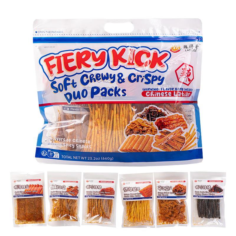 Ladego Fiery Kick Soft Chewy & Crispy Duo Packs Chinese Style Snacks 28.2oz 144g Spicy Snack for On-the-Go Snacking Crunchy Flavor