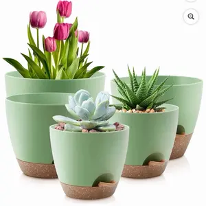 5-Piece Self-Watering Plastic Plant Pots with Drainage - Eco-Friendly Indoor-Outdoor Planters for Succulents (7in, 6.5in, 6in, 5.5in, 5in) - Green