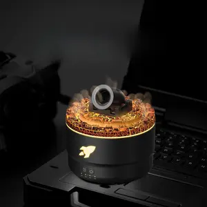 Humidifier and aroma diffuser with 7-color LED lighting effects, three-level adjustable timer, and air purifier with a cannon-style colored fireplace.