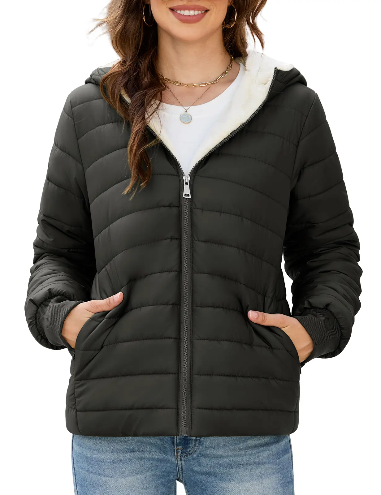 HEEKPEK Women's Fitted Basic Style Polyester Cropped Puffer Jacket - Hooded, Full-Zip, Quilted, Fleece-Lined, Windproof, Warm Winter Tops, Slim Fit Casual Outerwear