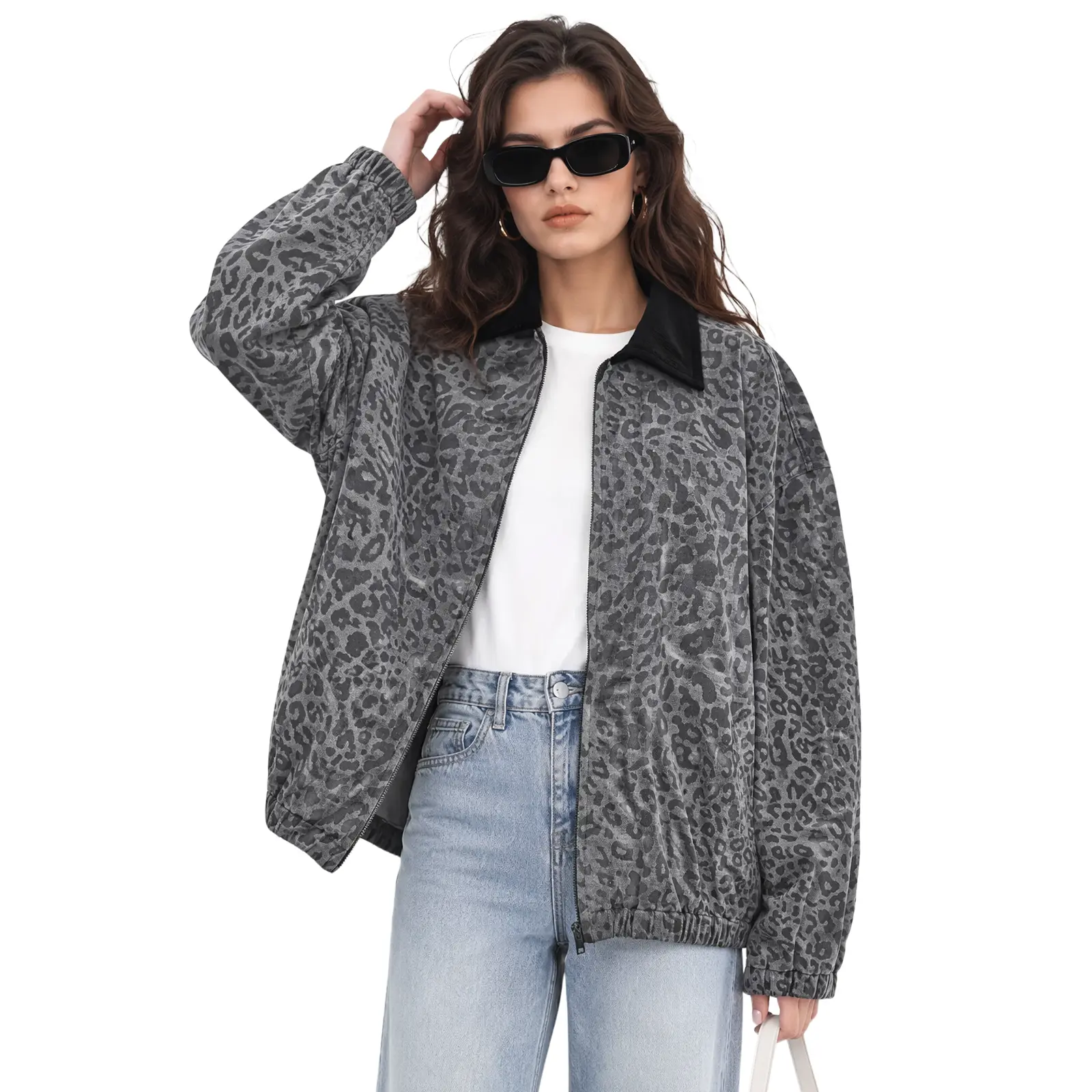 Women’s Gray Leopard Print Jacket, Casual Oversized Long Sleeve Zip Up Outerwear with Contrast Black Collar and Elastic Cuffs