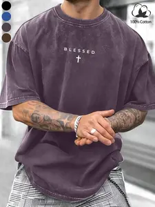 Men's 100% Cotton Fabric Short Sleeve T-Shirt, Minimalist Graphic Tee, Menswear, Blessed Cross Print, Casual Streetwear, Loose-Fitting, All Seasons, Comfortable Washed Textured Texture