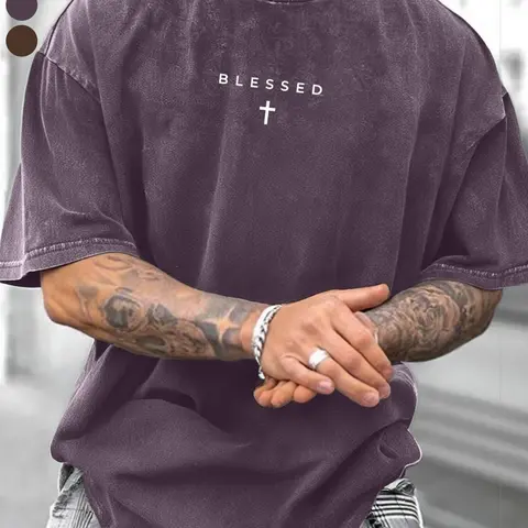 Men's 100% Cotton Fabric Short Sleeve Crewneck T-Shirt, Minimalist Graphic Tee, Menswear, Blessed Cross Print, Casual Streetwear, Casual Streetwear Clothes, Loose-Fitting, All Seasons, Comfortable Washed Textured Texture