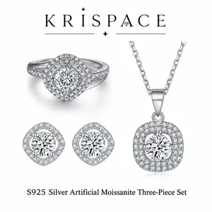 KRISPACE Synthetic Moissanite ring, 925 sterling silver four-leaf clover necklace, versatile silver earrings, three-piece jewelry set, suitable for Valentine's Day gifts, wedding wear, and evening parties