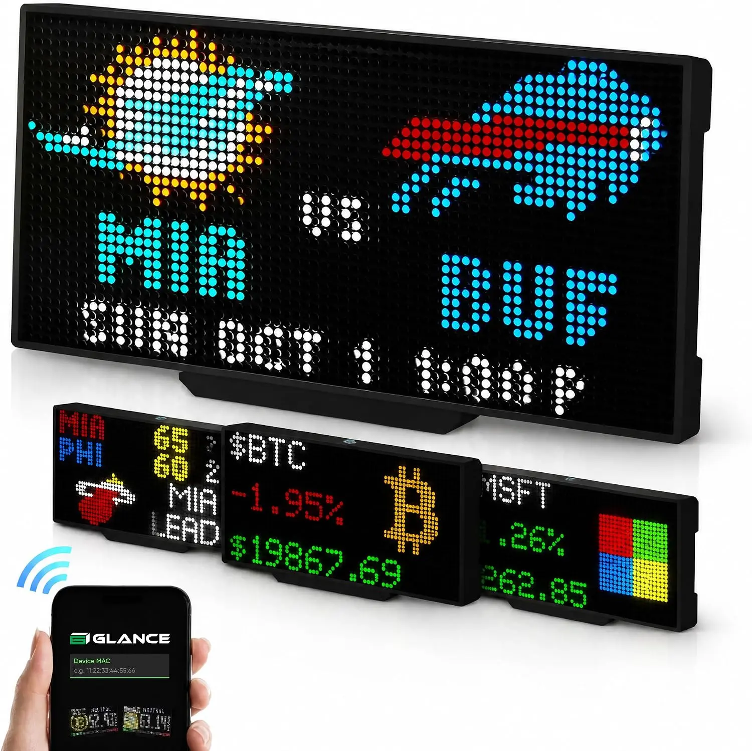 LED Sports Ticker, Customizable Smart Pixel Display for Live Scores, Stock Market Tickers, Crypto, Weather and News, Man Cave and Desk Decor, No Subscription, Made in USA Medium 10.5" x 5.5"