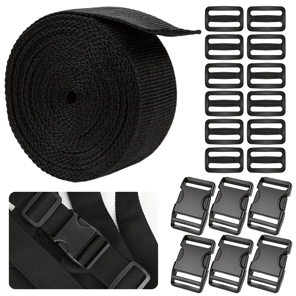 19-Piece Buckle & Webbing Sewing Accessory Set - 1 1/2 Inches Anti-Slip Tri-Glide Slide Clip, for Backpack Making, Dog Chest Straps, DIY Projects, Household Items, Outdoor Gear