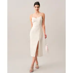 Rihoas Women's Sleeveless Spaghetti Strap Wave Textured Slit Medium-Length Casual Dress - Polyester-Spandex Fabric, Lightweight, Comfortable, Classy, Detailed, Ideal for Party, Cocktail Formal Wear