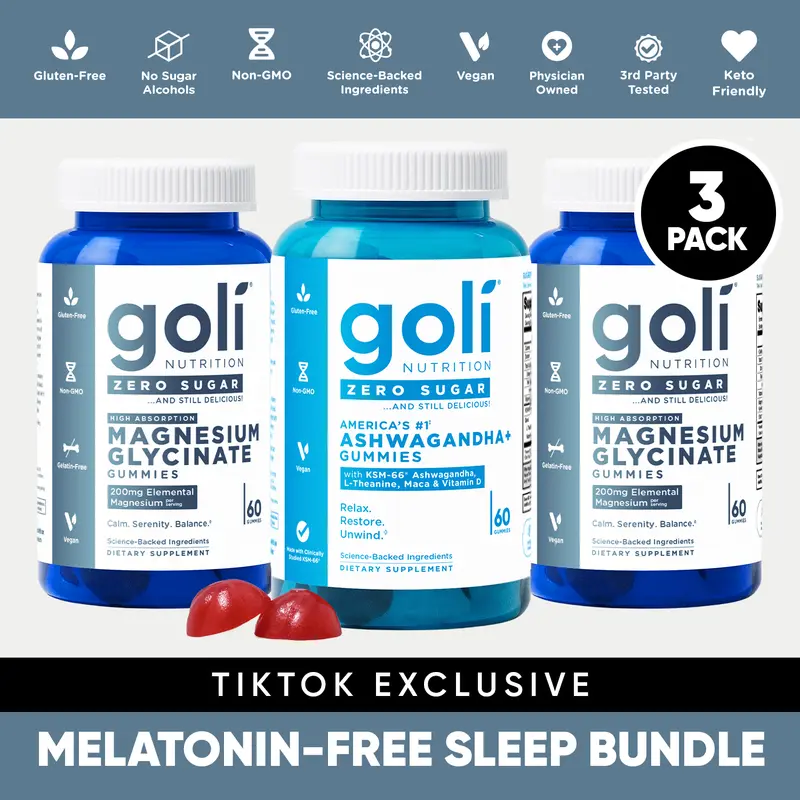 Melatonin-Free Sleep 3-Pack Bundle: Goli Zero Sugar Magnesium Glycinate High Absorption Gummies, Ashwagandha with L-Theanine, Vitamin D & Maca (KSM-66), Keto-Friendly, No Artificial Sweeteners, Vegan, Plant-Based, Non-GMO, Gluten-Free & Gelatin-Free