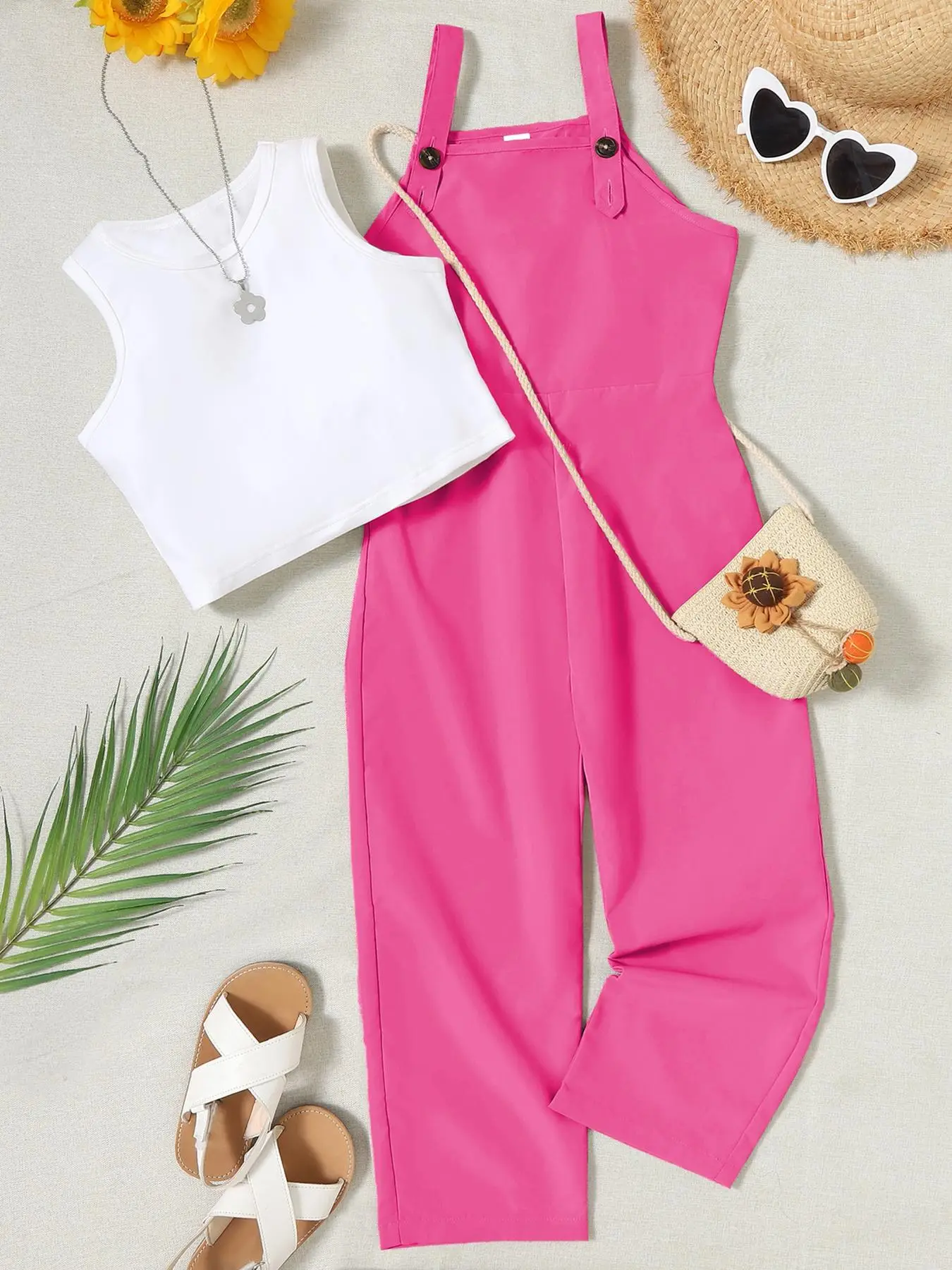 Girl's Clothes Set Round Neck Tank Top & Button Pants Overall, Summer Clothes Casual Overalls with Sleeveless Top, School Holiday Outfits, Going Out O