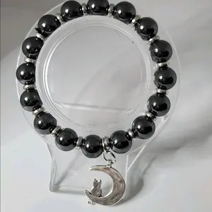 Hematite Beaded Bracelet With Crescent moon & Cat charm natural crystal