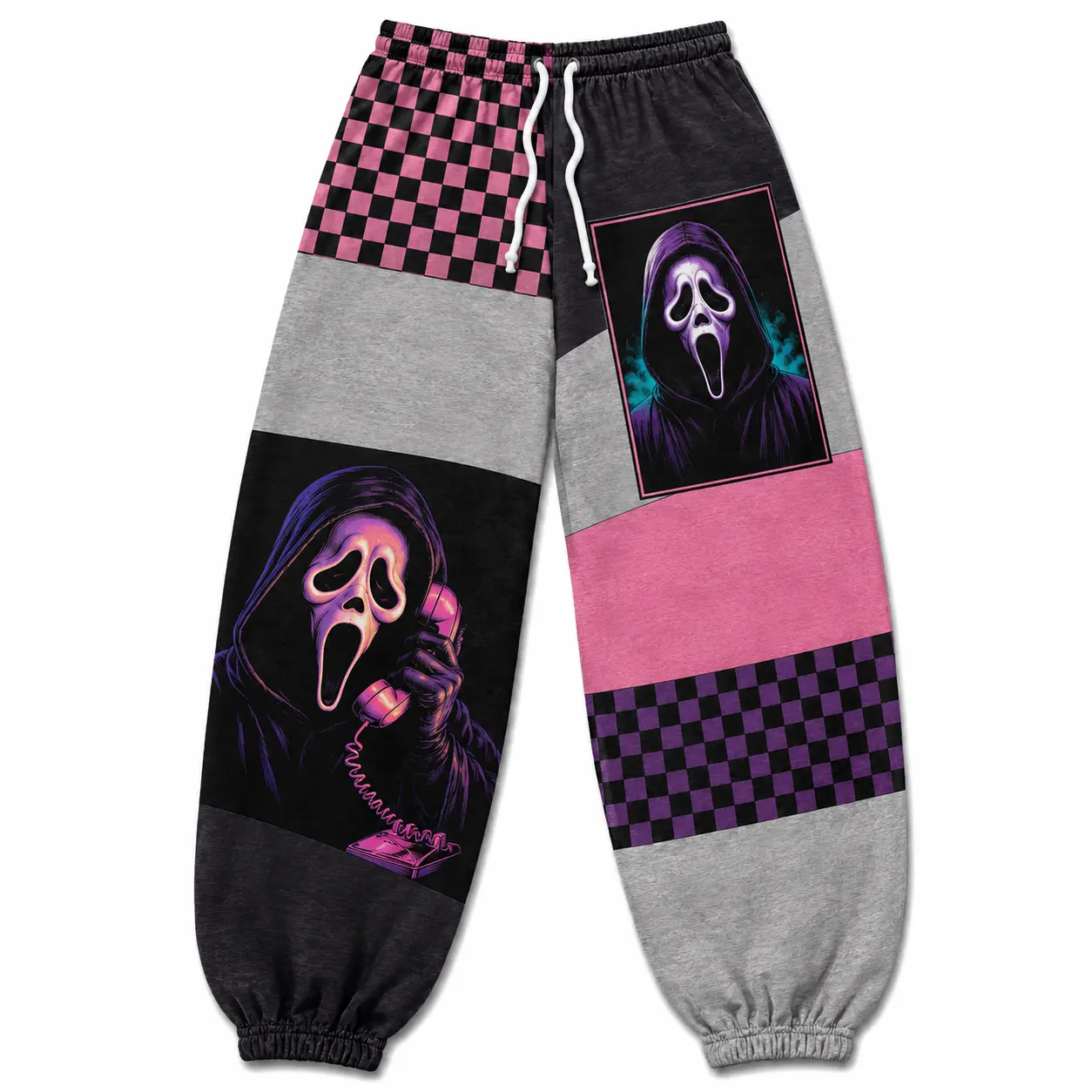 Pink Purple Ghostface Halloween Sweatpants, Scream Checkered Joggers, For Men & Women, Cute Horror Gift