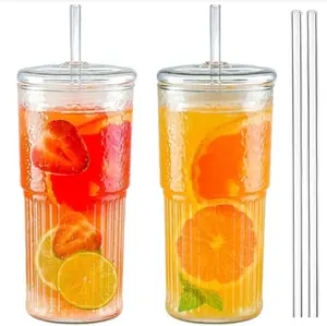 【2 Counts】20oz Iced Coffee Glass Cup with Lid & Straw – High Borosilicate Reusable Drinking Tumbler for Home & Office