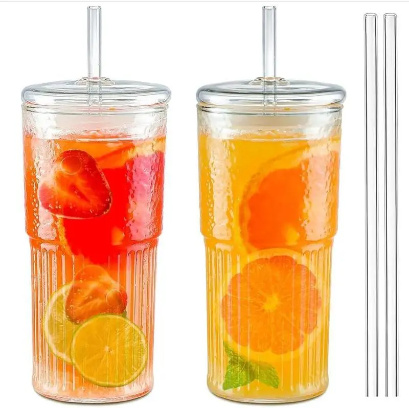 【2 Counts】20oz Iced Coffee Glass Cup with Lid & Straw – High Borosilicate Reusable Drinking Tumbler for Home & Office