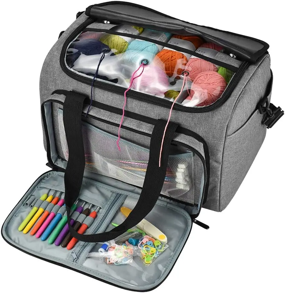Large Oxford Fabric Knitting Yarn Tote Bag for Crochet Beginners - Portable Storage Organizer with Individual Compartments, Handle Carry for Yarn & Tools, Circular Needles, Unfinished Projects