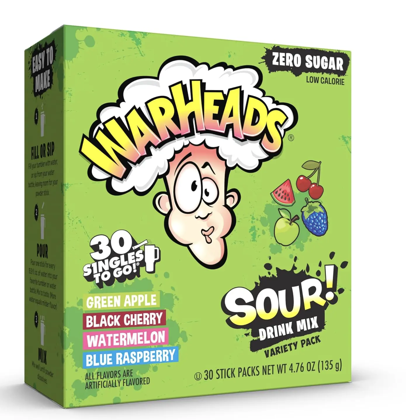 Warheads Singles To Go Sour Drink Mix, 30 Sticks, Variety Pack (Green Apple, Black Cherry, Watermelon, Blue Raspberry), Zero Sugar, Low Calorie