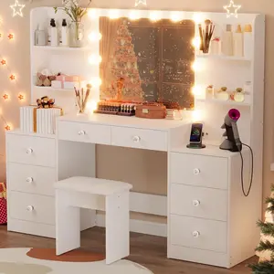 VOWNER Large Vanity Desk with Lighted Mirror &Power Outlet & Soft Stool, Makeup Vanity with 8 Drawers, 6 Open Shelves, Makeup Table for Women,Bedroom Dressing Table with Mirror, White