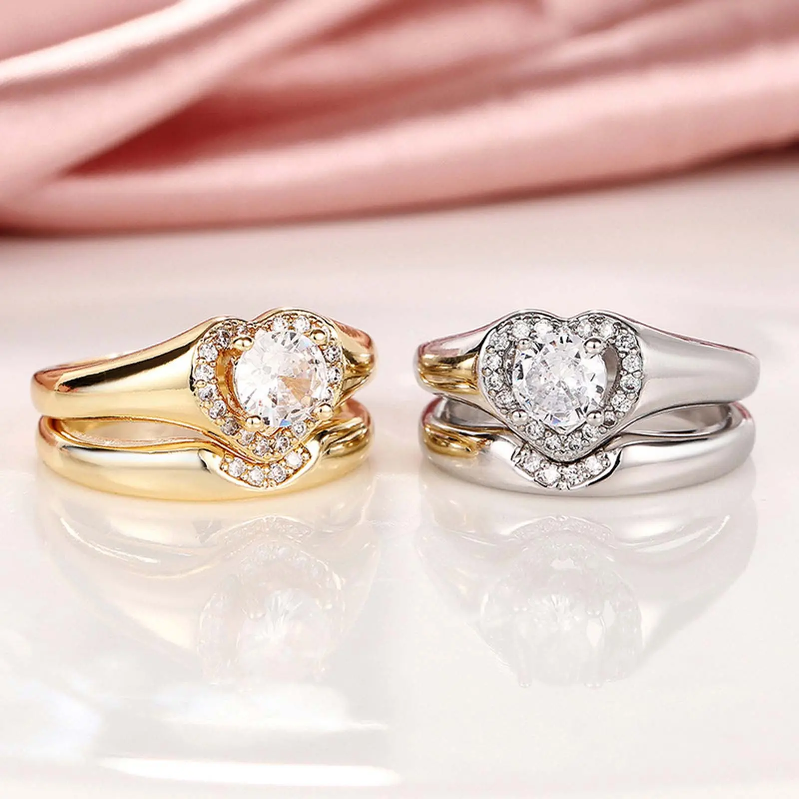 Zircon Heart Two Piece Ring Set Romantic Anniversary Gift for Woman