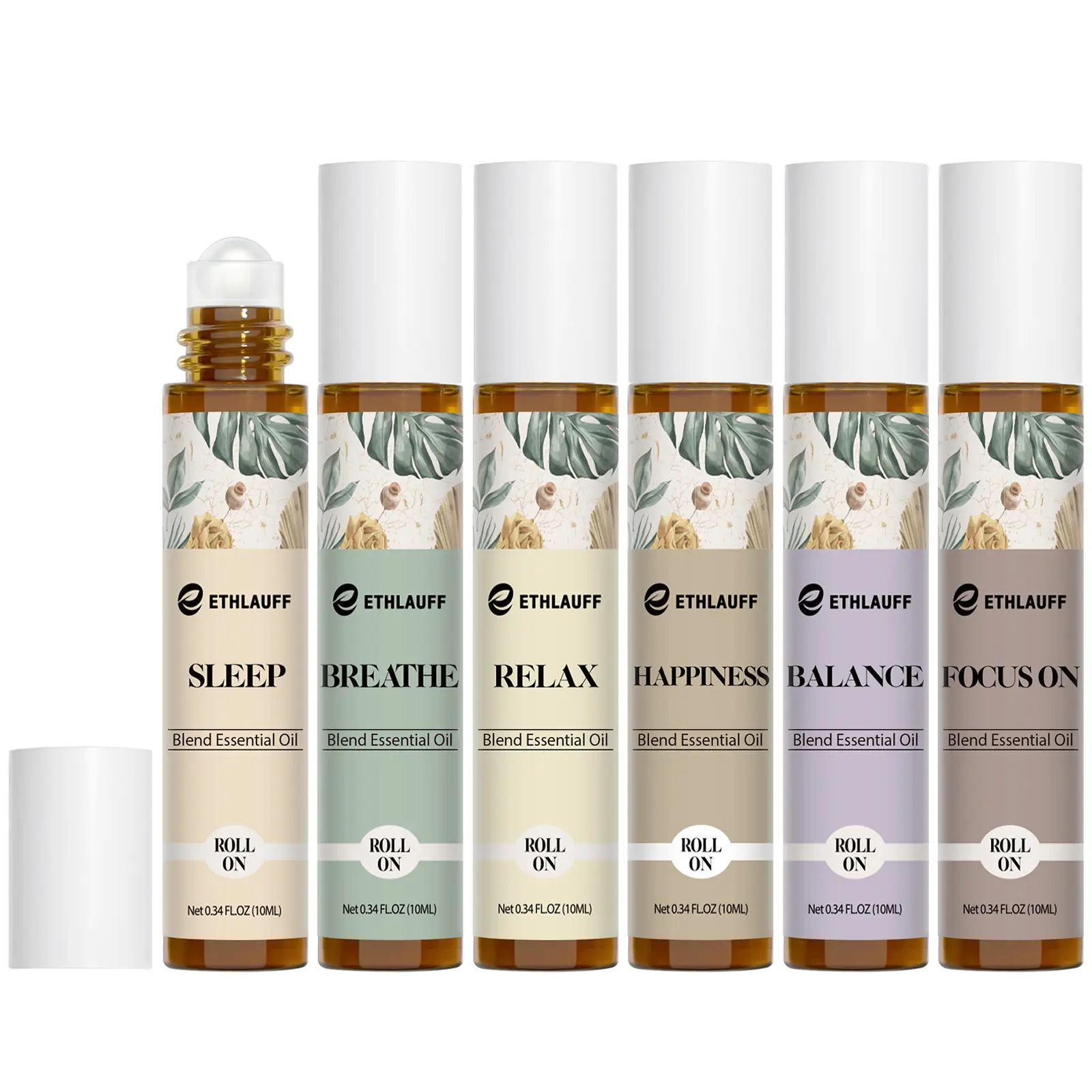 Essential Oils Roll-On Set 6 Pack - Aromatherapy Essential Oil Blends for Skin - 100% Natural Stress Relief Aromatherapy Blend  (Relax, Sleep, Balance, Breathe, Focus on, Happiness)