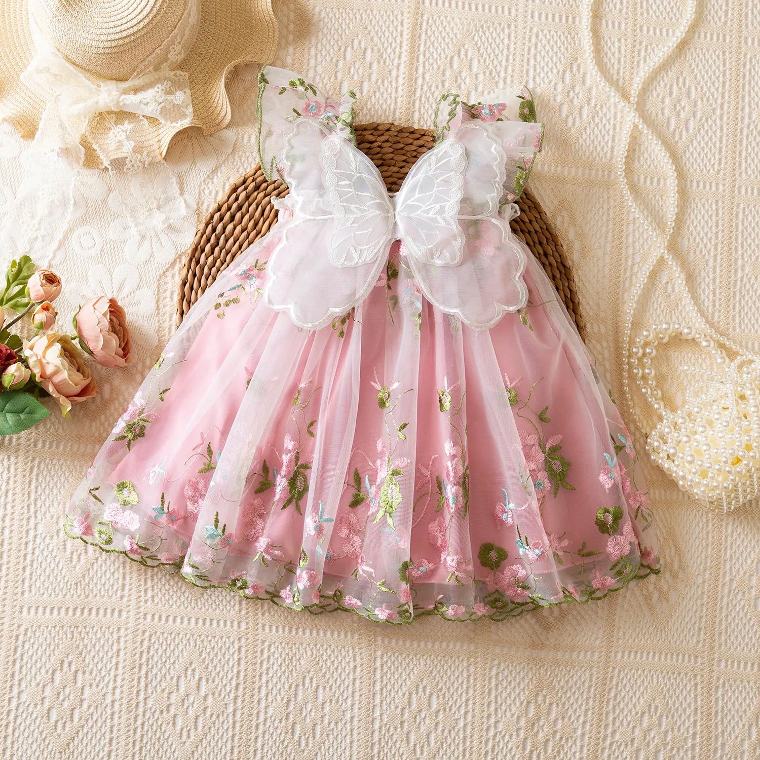 Baby Girls' Princess Pink Dress Fairy Dress with Butterfly Wings First Birthday Party Floral Embroidery Wedding Toddler Girl Tulle Dresses