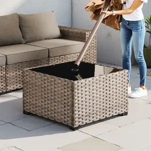 Outdoor Coffee Table with Umbrella Hole, Rattan Wicker Table with Sand Bag and Steel Frame for Outdoor, Patio, Garden, Backyard