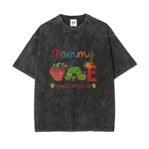 Women's Summer Washed Graphic Tee - Oversized Hungry Caterpillar Print T-Shirt, Distressed Retro Aesthetic Streetwear, Comfortable Loose Fit Cotton Shirt