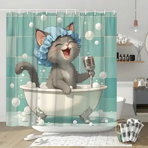 1pc Cartoon Cat Shower Curtain, Durable Polyester Fabric, Waterproof, No Drilling Required, Easy Installation, Suitable For Home, Hotel, Vacation, Cat Lover Gift, Bathroom Curtain Set, Includes 12 Hooks, Singing Cat Pattern