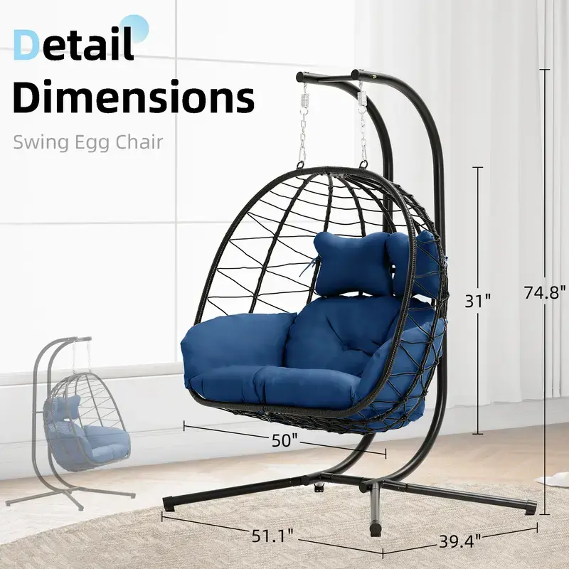 Double Hanging Egg Chair with Cushion, 700lbs Capacity - Foldable Patio Chair with Handwoven PE Wicker & Rust-Proof Frame, for Garden, Porch, Backyard Soft Lounge Swing