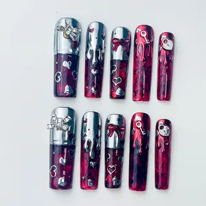 DiDazzle Dark Velvet “Crimson Chrome” Aquarium Press-On Nails – Red Chrome Liquid Core Square Goth Nails, Viral