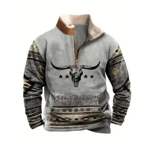 Men’s vintage western hoodie inspired by Aztec art with bull skull graphic, quarter-zip pullover sweatshirt, loose casual cowboy style, grey with black and tan geometric patterns, polyester blend, hand wash only, everyday pullover | Rustic Fashion I