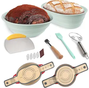 Banneton Bread Proofing Basket Set of 2 with Silicone Sourdough Bread Baking Tools & Silicone Bread Baking Mat (Green) Bakeware Round