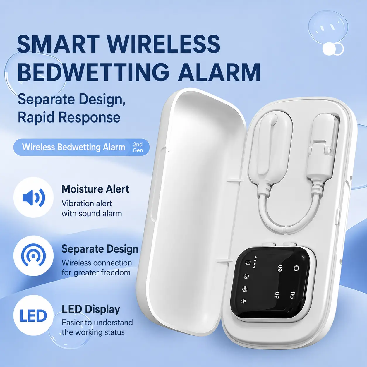 Wireless Bedwetting Alarm for Boys & Girls, Rechargeable Bed Wetting Alarm with Wireless Moisture Sensor, Sound & Vibration Alerts, LED Display, Charging Case