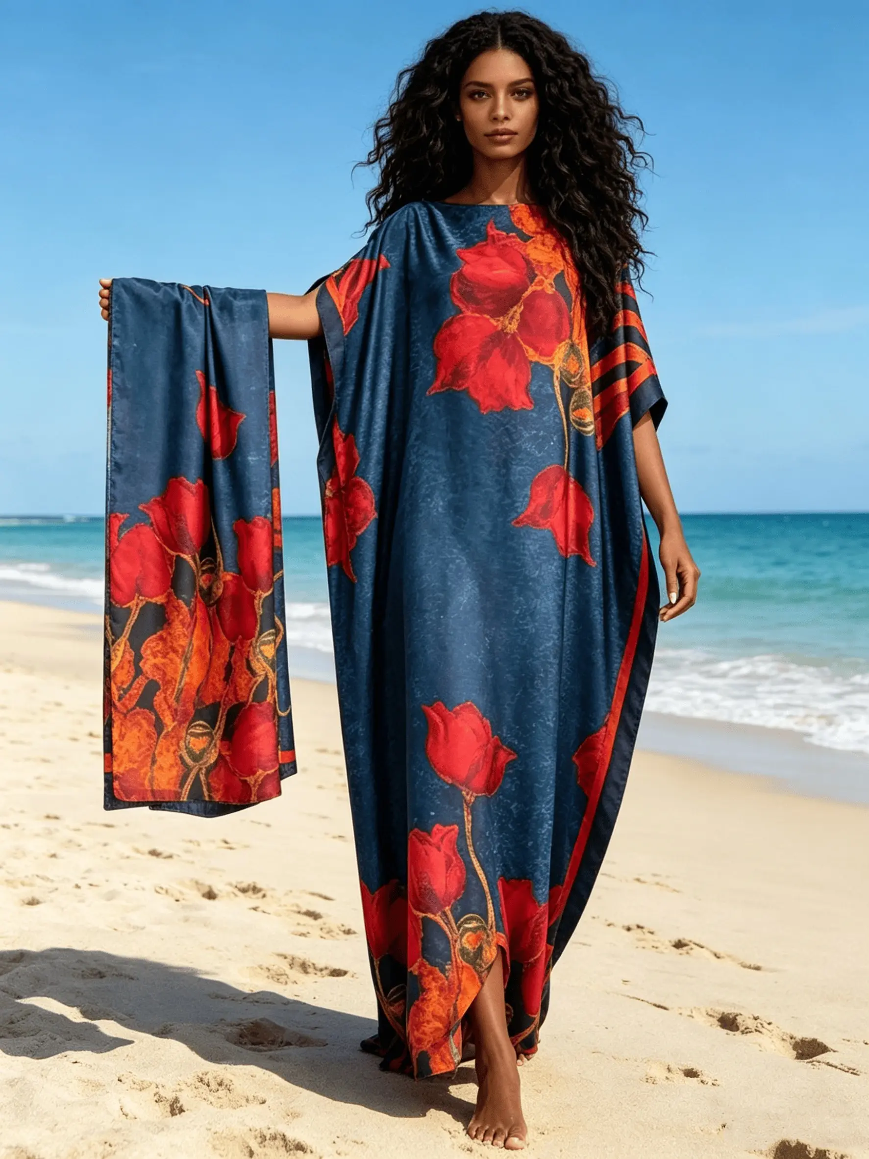 2026 New Women's 2 Piece Navy Blue & Red Tulip Floral Print Kaftan Maxi Dress with Matching Headscarf, Silky Loose Pleated Robe, Plus Size Friendly, Beach Cover Up, Resort Vacation & Evening Party Wear