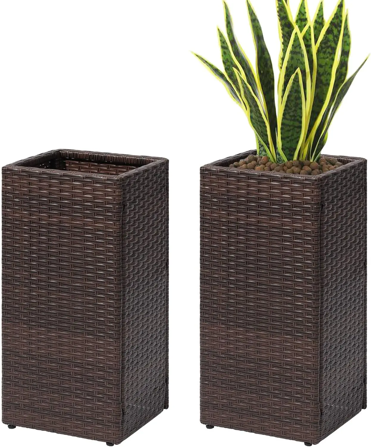 2 Pack Tall Planters for Outdoor  Rattan Modern Tall Square Planter Box with Removable Liners Indoor Outdoor Porch Patio Flower Pot (12 x 12 x 24)