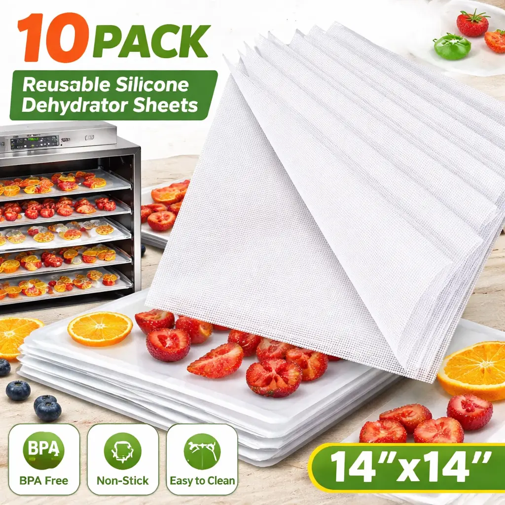 10-Pack 14x14 in Nonstick Silicone Dehydrator Trays for Excalibur, BPA-Free Fine Mesh Liners, Trimmable, Food Release, Easy Cleanup, Dishwasher Safe, Home Use Kitchen Bakeware Baking Utensils, Cookware, Food Prep