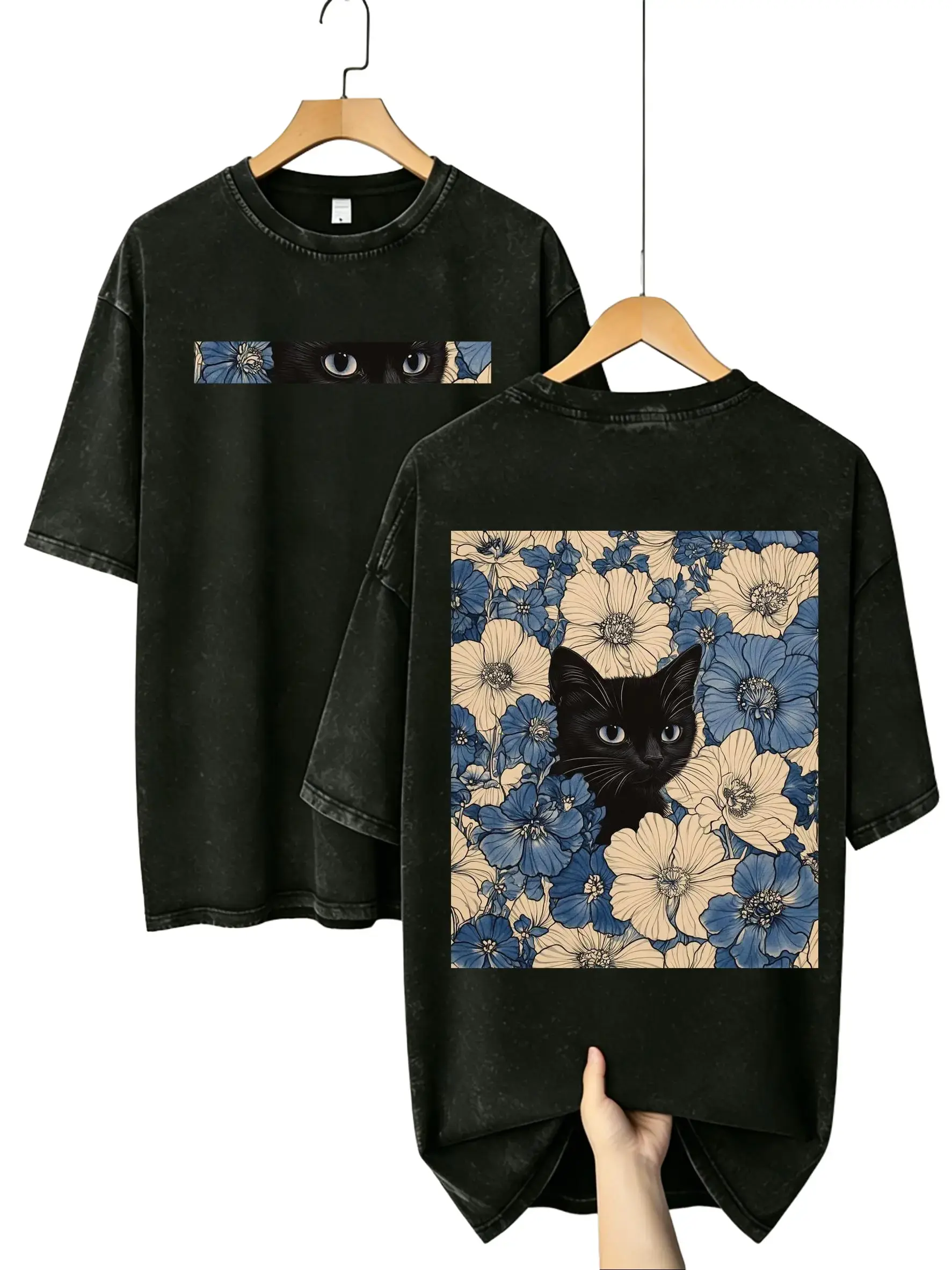 Men's 230GSM 100% Cotton Vintage Washed Short-Sleeve T-Shirt - Menswear Tops, Crew Neck Loose Fit Oversized Baggy Relaxed Cut, Unisex Black Cat Floral/Patriotic Christian Faith Prints, Aged Finish, Foldable Valentine's Day Gift, Graphic