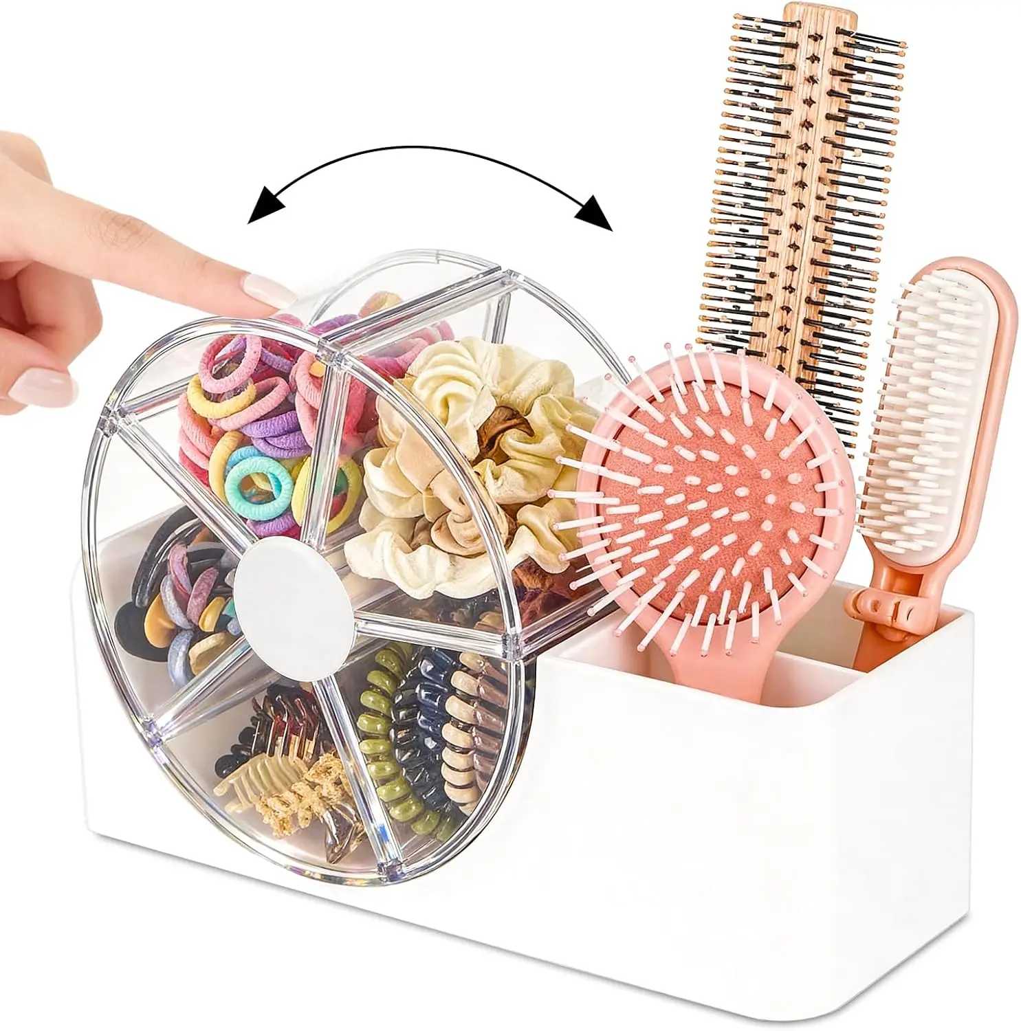 XUHSOLMP White Vanity Storage Organizer for Girls - 2-Slot & 5-Section Rotating Wheel for Brushes, Hair Ties, Clips, Earrings, Rings (Kids Vanity Supplies), 5 Sections + Slots