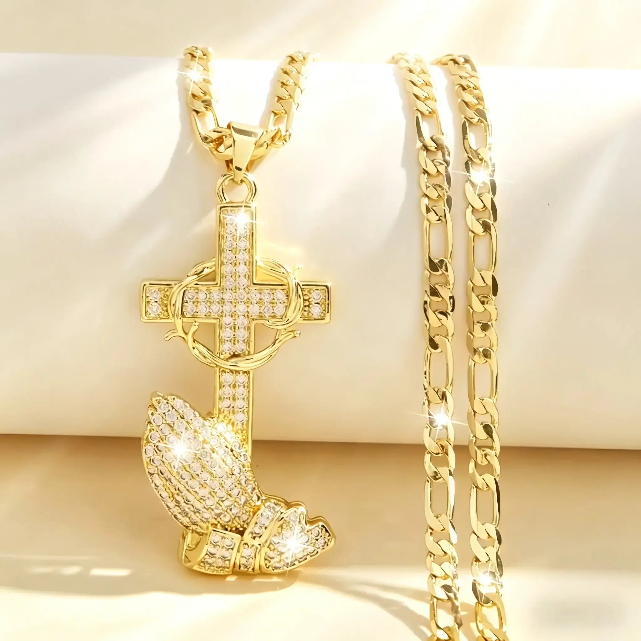 14 Metal Coating Christian Jewelry - Cross and Thorns, Praying Hands, Full Iced Out Cubic Zirconia Figaro Durable Chain, Daily Hip Hop Streetwear Gift for Men