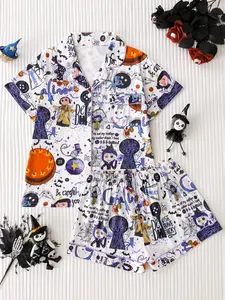Two-Piece Cartoon Fantasy Print Women's Pajama Set, Soft Satin Fabric, Collared Button Short Sleeve Top + Shorts, Elegant Sleepwear, Pjs, Pyjamas, Loungewear, Womenswear