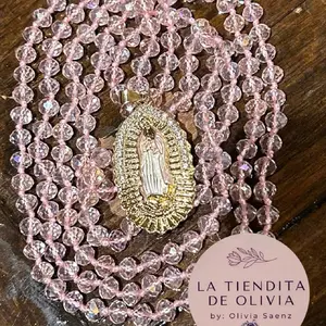 Virgencita de Guadalupe Crystal Necklace - 58” long Medalla Oro Laminado