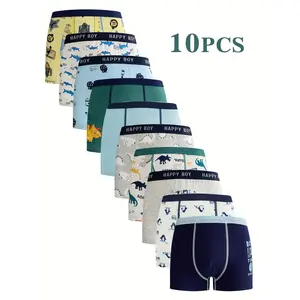 10-Pack Boys' Underwear 3-15 Years - Cute Cartoon & Dinosaur Print Boxer Briefs, Breathable Stretch Waistband, All-Season Comfort with Full-Body Patterns (Plaid, Stripes, Camo, Floral), Cute Underwear, Playful Design, Durable Construction Children Kid