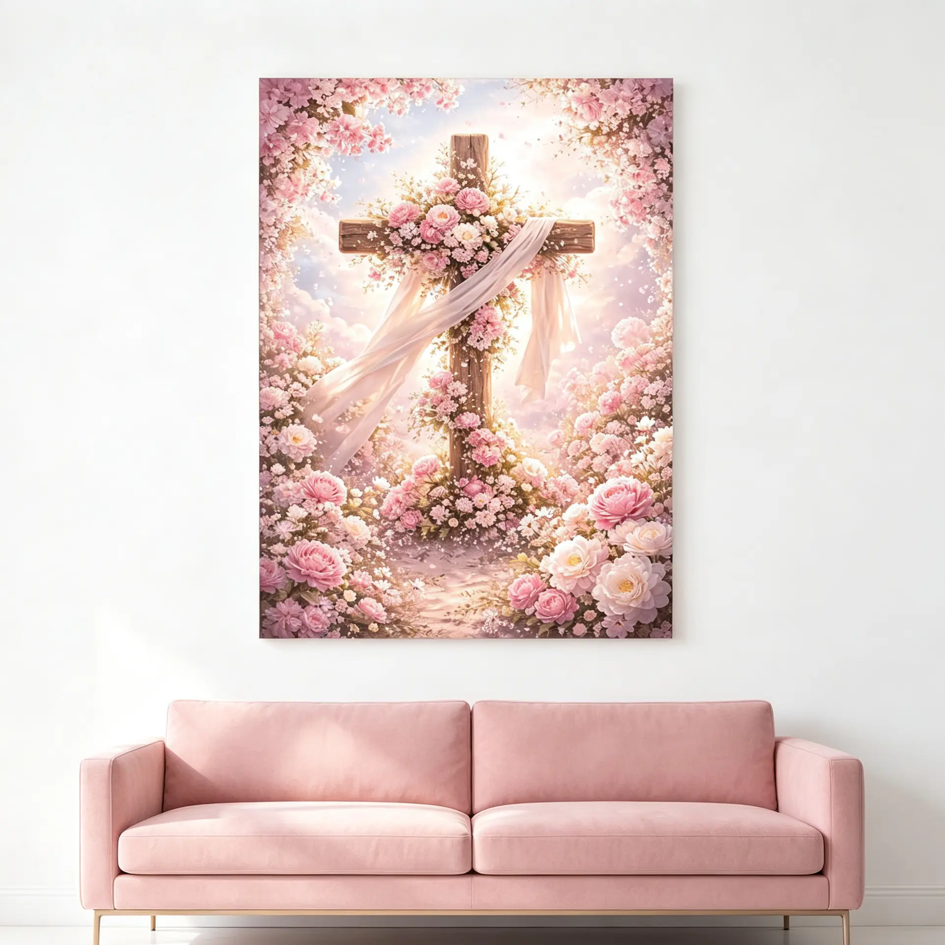 Pink Floral Cross Full Drill Diamond Painting Kit, Acid-Free Anti-Crack Canvas Wall Art Home Decoration for Living Room Bedroom, DIY Handmade Religious Artwork for Classroom Painting Projects, Custom Faith Themed Handcraft Gifts