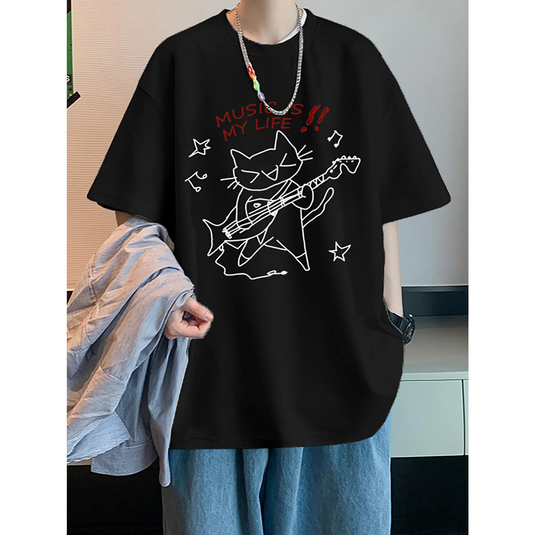 Heavyweight 100%  T-Shirt - Music-Themed Cat Playing Guitar Graphic & "Music Is My Life" Slogan, Black with White Print, Casual Round Neck Summer Streetwear for Teens & Young Adults, Band Inspired Apparel, Guitar Tech Shirt,  Music Shirts grandm,summervib