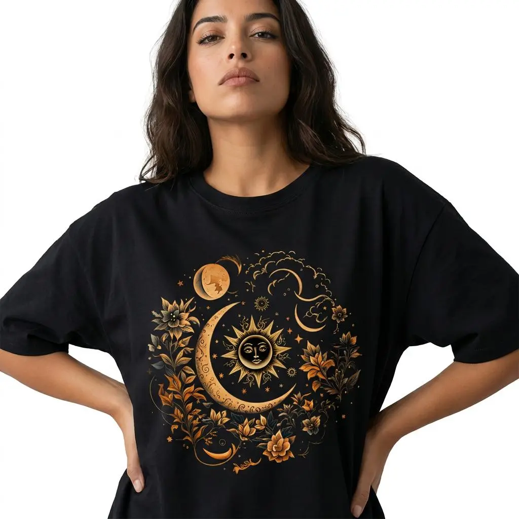 Boho Celestial Sun And Moon Shirt Women Vintage Floral Graphic Tee Mystical Top