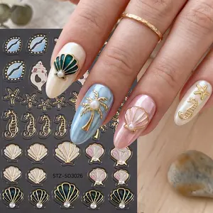 Summer Ocean Nail Art Stickers, Gold Coconut Tree with Pearls, Rainbow Shell Starfish Nail Stickers, DIY Nail Decorations