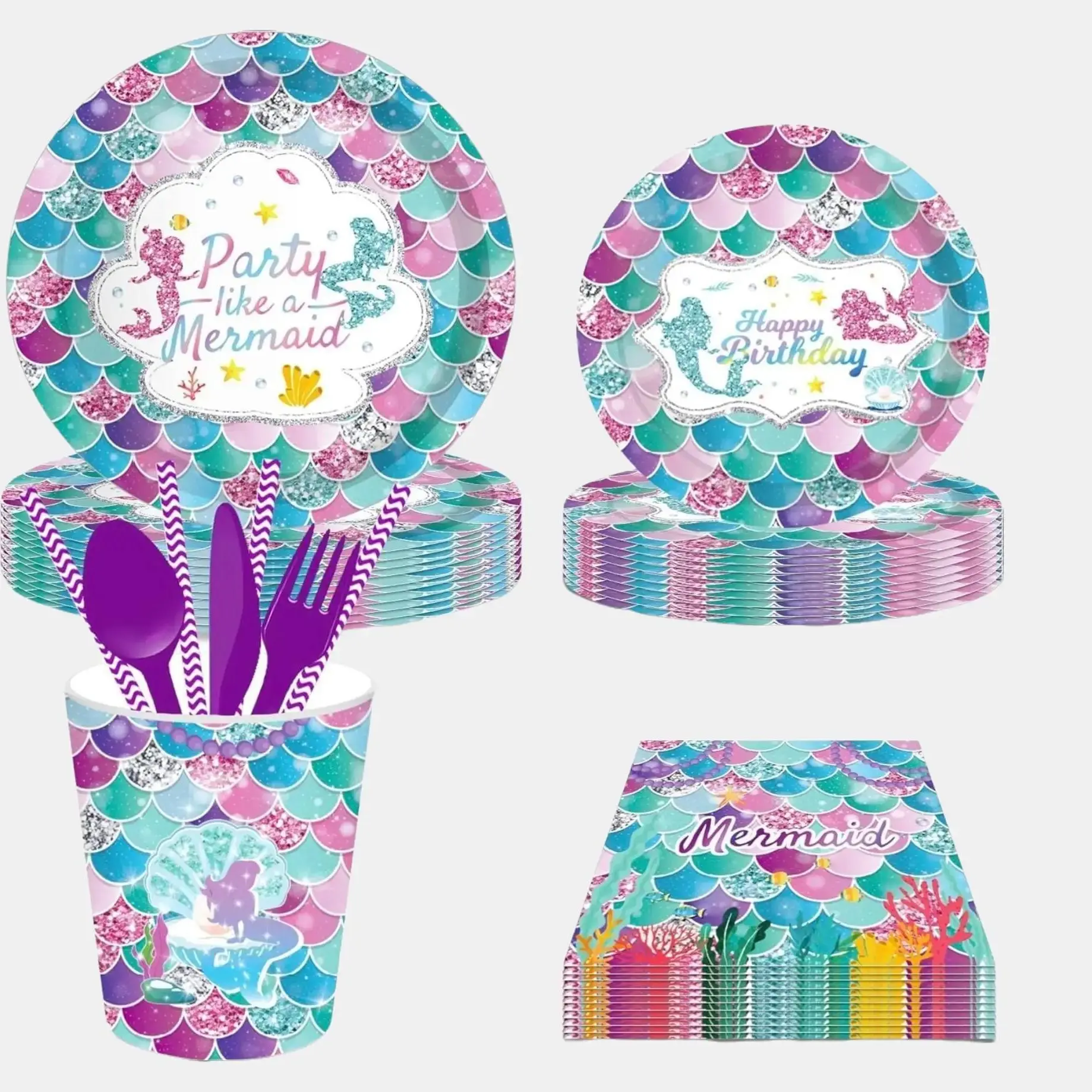 Mermaid Party Decorations and Tableware Set Includes 10 Pcs Napkins, Cups, Paper Plates 9" and 7", Disposable Table cover Under the Sea-Themed