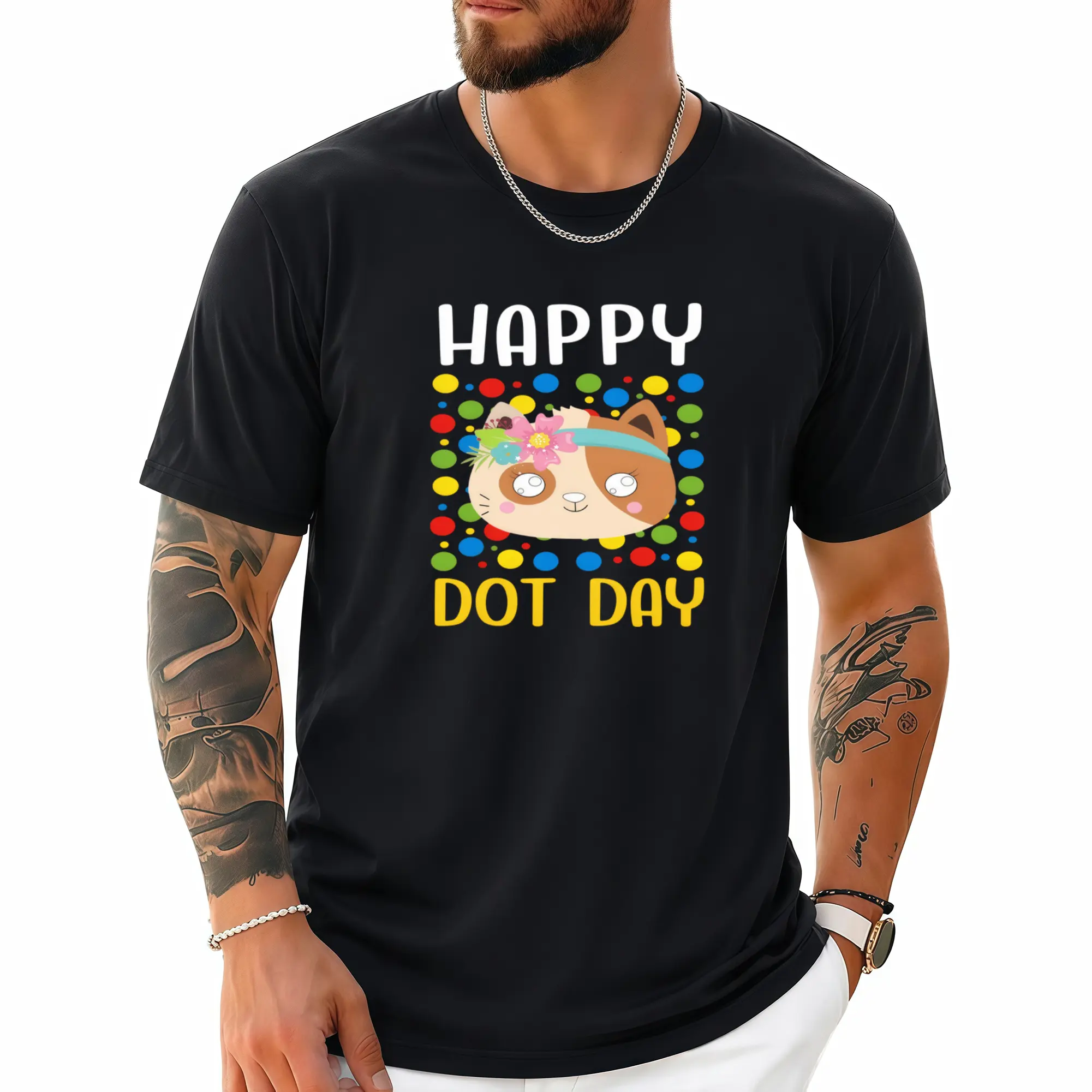 Designed for Men's Happy Dot Day TShirt with Colorful Dots Cute Cat Face Print Round Neck Short Sleeve Tee for International Dot Day Celebrations Casual Wear Gifts Soft, for Teenager