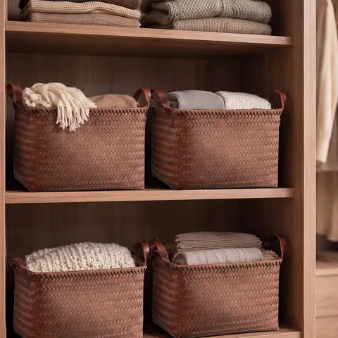 BROWNLILY Handwoven Wicker Multipurpose Rattan Baskets - 4/6/8 Pack Large Brown Synthetic Rattan Storage Bins with Handles, Strong Wire Frame, Space-Saving Farmhouse-Modern Organizers Built for Daily Handling (Shelves, Laundry)