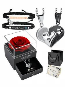 Matching Couple Elegant Jewelry Set, I Love You Puzzle Necklace & Forever & Always Bracelets with Preserved Rose Gift Box, Romantic Valentine's Day Anniversary Birthday Gift for Him Her,Christmas gift