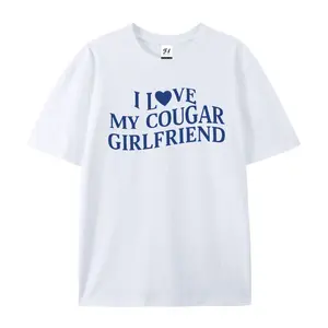 Men's Cotton Breathable Crewneck T-Shirt, Oversized Casual Menswear with "I Love My Cougar Girlfriend" Letter Print Top